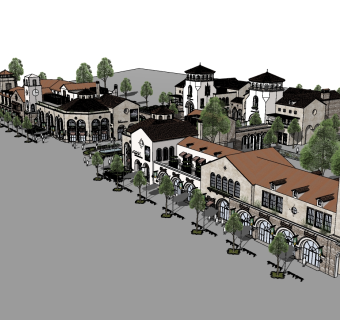 132欧式风格商业街 英伦风格商业街，钟表楼，特色旅游小镇，临街商业，广场喷泉su草图模型下载