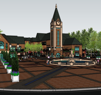134欧式英伦风商业街，广场景观喷泉，欧式钟表楼，特色旅游小镇，欧式风格商业街区su草图模型下载