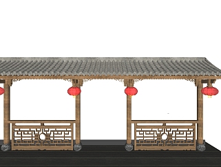 147中式連廊立面，中式，門頭立面雕花，瓦片，燈籠su草圖模型下載