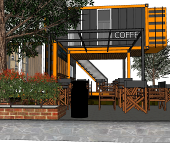 163工业风格咖餐厅 咖啡厅 咖啡房 集装箱改造 街角咖啡su草图模型下载