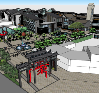 169中式风格商业街景观设计，新中式风格商业街，旅游度假小镇，中式商业广场，青花瓷碗景观喷泉，商业街入口，牌坊su草图模型下载