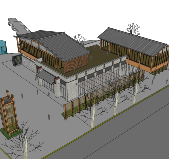 187新中式风格游客服务中心，景点服务区，售票区，集散中心su草图模型下载