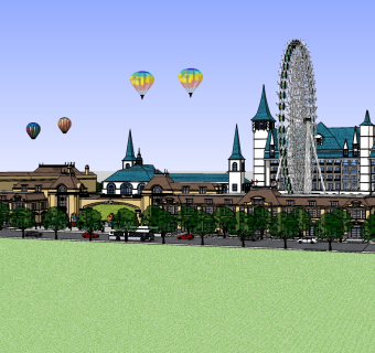 208欧式英伦商业街游乐园，公园，欧洲塔楼，摩天轮，城堡，热气球，卡通动画人物su草图模型下载
