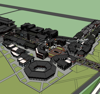 210楚汉风中式建筑，中式古建，古街巷，城楼阁楼，中式商业街，中式庭院，影视基地，特色商业街区小镇su草图模型下载