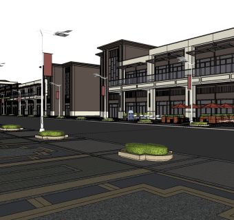 216现代风格商业街区，沿街商业店铺，商业广场su草图模型下载