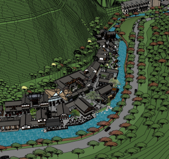 225中式商业街区，中式度假小镇，酒吧街，民宿酒店，旅游景区，中式沿街建筑，山地，新农村su草图模型下载