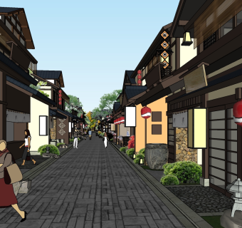 228日式商业街区，商业步行街，日式建筑门头，酒吧，居酒屋，餐馆，商业广场，日式沿路建筑日式中式园林，景观设计su草图模型下载