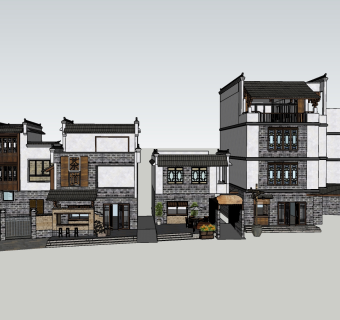 233中式老街，中式新农村建筑，茶楼，民宿，度假小镇su草图模型下载