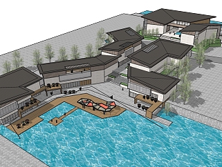<em>游泳</em>池，中式建筑群su草图模型下载