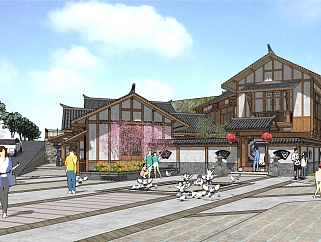 250中式商业街区，特色旅游小镇，商业广场,游客服务中心su草图模型下载