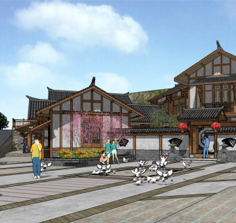 250中式商业街区，特色旅游小镇，商业广场,游客服务中心su草图模型下载