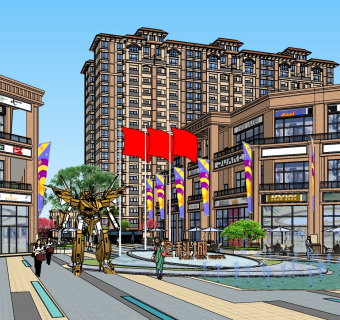 252欧式沿街商业建筑，商业街区，步行街，商业广场su草图模型下载