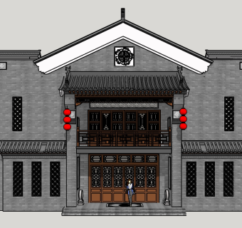 281中式风格门头门面，中式商街门面，中式餐饮商铺门头立面su草图模型下载