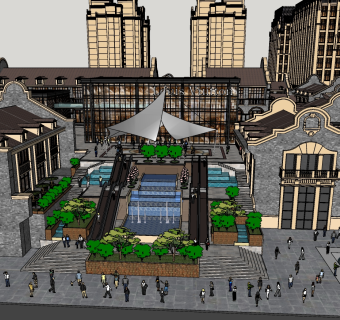 290民国风格商业街，民国风情商业街区，欧式商业街，商业广场，度假小镇，民国风格大门su草图模型下载