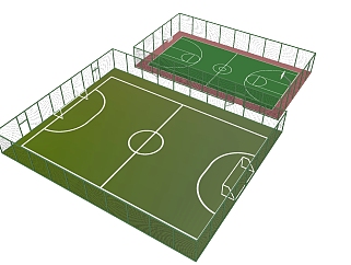 291现代风格篮球场足球场，，标准篮球足球场，带栏杆足球场，场馆，球场su草图模型下载