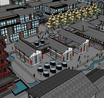 298中式古镇街道，中式仿古商业街，步行街，中式商业旅游景点，中式酒楼餐饮，民宿，塔楼牌坊，特色旅游小镇su草图模型下载