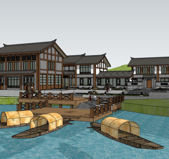 302中式风格商业街，滨水商业街，中式商业景点，旅游度假小镇，中式建筑，中式餐饮商铺，牌楼牌坊su草图模型下载