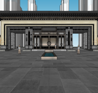 347中式商业临街商铺，高档小区中式大门，售楼处门头立面，中式商业街区，步行街su草图模型下载