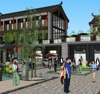 356中式古镇街道，中式水乡古镇商业街，步行街，牌坊牌楼戏台，中式商业旅游景点，中式酒楼餐饮，酒吧一条街，民宿，特色旅游小镇su草图模型下载