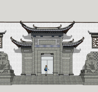 366中式风格门头门面，徽派马头墙，徽派建筑，中式商街门面，牌坊大门su草图模型下载
