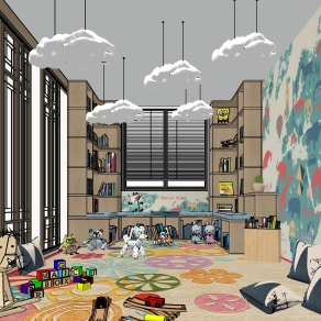 371现代儿童活动区空间，儿童读书阅览室，儿童游乐玩具，儿童玩具装饰摆件，木马凳，儿童图书柜，云朵模型su草图模型下载
