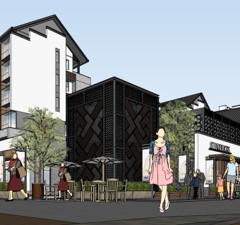 383现代新中式洋房，高层商业街区，商业街，步行街，度假小镇，沿街商铺，沿街餐饮店铺su草图模型下载