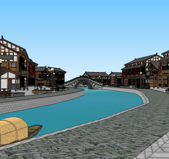 386中式川西古镇古街商业街，中式滨水商业街区景点，度假小镇，度假村，步行街，旅游景点su草图模型下载