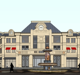 401欧式法式商业街，欧式步行街，商业街步行街入口，入口门头立面，欧式沿街商业商铺街区su草图模型下载