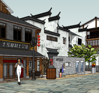 407中式古典徽派商业街， 徽派马头墙门面，中式商街门面，徽派旅游商业景点，徽派商业街，步行街，客栈酒楼民宿，徽派度假小镇su草图模型下载