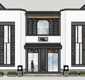 411新中式风格商业建筑，商业街门面，新中式商业单体建筑su草图模型下载