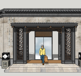 413新中式风格门面，商业街门头，商业单体建筑su草图模型下载