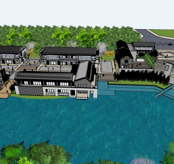 416中式风格商业街，游客中心，办公楼，别墅，商业展区，创意园，产业园，大门入口，滨水景观，牌坊，商业广场，庭院景观su草图模型下载