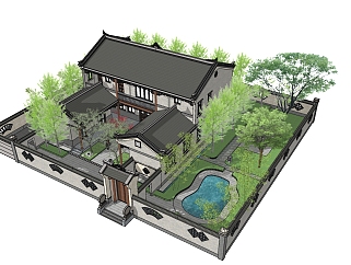 中式庭院景观，<em>大门</em>门头，院墙，树su草图模型下载
