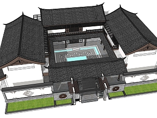 18中式古典四合院，中式一进四合院，会所，中式民宿 民宅，中式庭院景观su草图模型下载