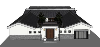 37中式南方古典四合院，中式二进四合院，会所，中式民宿 民宅，中式庭院景观，院墙，门头，大门石狮子，树su草图模型下载