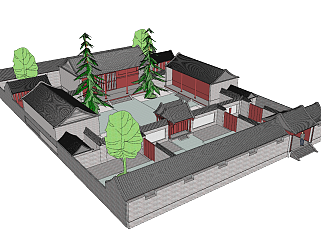 中式庭院景观，景观树，<em>大门</em>门头 院墙su草图模型下载