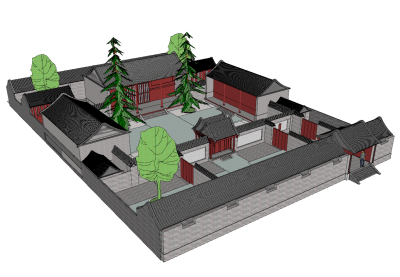 40中式古建四合院，新农村住宅，农家院，北方农村山区四合院，中式庭院景观，景观树，大门门头 院墙su草图模型下载