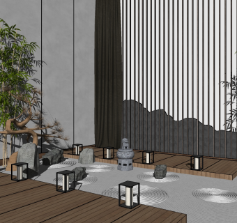 45新中式日式枯山水竹子景观小品，中式庭院装饰摆件su草图模型下载