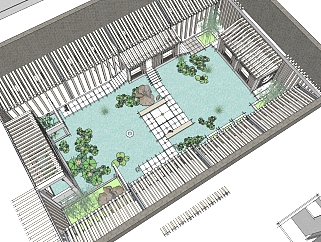 49现代新中式四合院，度假村民宿，中式庭院景观水池su草图模型下载
