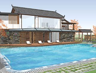 52现代风格民宿_度假养生酒店，生态农庄，彝族特色带泳池su草图模型下载
