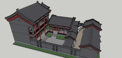 57中式古典古建二进三四合院，中式别墅会所，中式庭院景观，抄手彩绘游廊，大门门头，院墙su草图模型下载