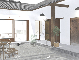 60新中式度假村民宿设计，新中式四合院，农家院，庭院景观su草图模型下载