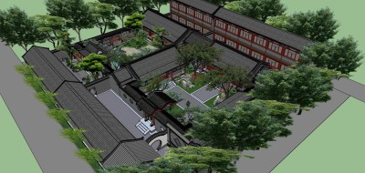 61中式古典古建三进四合院 中式风格四合院 四合院民宿 庭院花园景观树 流水假山 抄手游廊 凉亭su草图模型下载