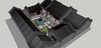 72中式古典古建四合院 中式风格四合院 四合院民宿  院墙，四合院大门 门头su草图模型下载