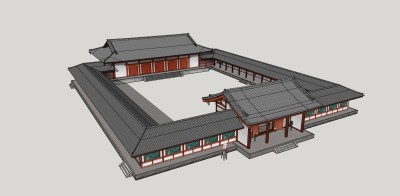 79中式古典古建四合院 中式风格四合院 四合院民宿 庭院花园 抄手游廊 凉亭su草图模型下载