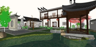 89中式庭院 四合院 中式影壁 凉亭  中式古建四合院会所别墅，庭院景观 四合院民宿 中式民宅 四合院大门 门头 院墙su草图模型下载