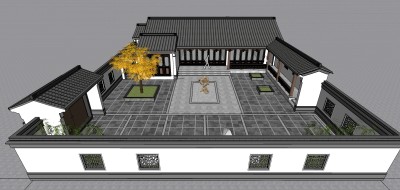 105中式古典建筑风格四合院 四合院民宿 仿古中式豪宅会所，中式庭院景观，景观石，雕花游廊 院墙 大门门头su草图模型下载