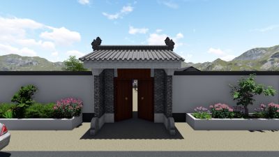 131中式风格四合院，新中式农村庭院，花架，凉亭，菜地，新农村民宿，民宅，乡村庭院景观，四合院大门门头 ，围墙su草图模型下载