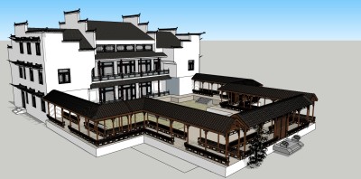 162中式风格四合院，中式庭院景观，中式门头 大门，徽派建筑农家院，徽派马头墙，民宅民居民宿，院墙大门，门头，回廊游廊su草图模型下载