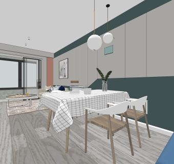 北欧风格小户型客餐厅卧室书房su草图模型下载